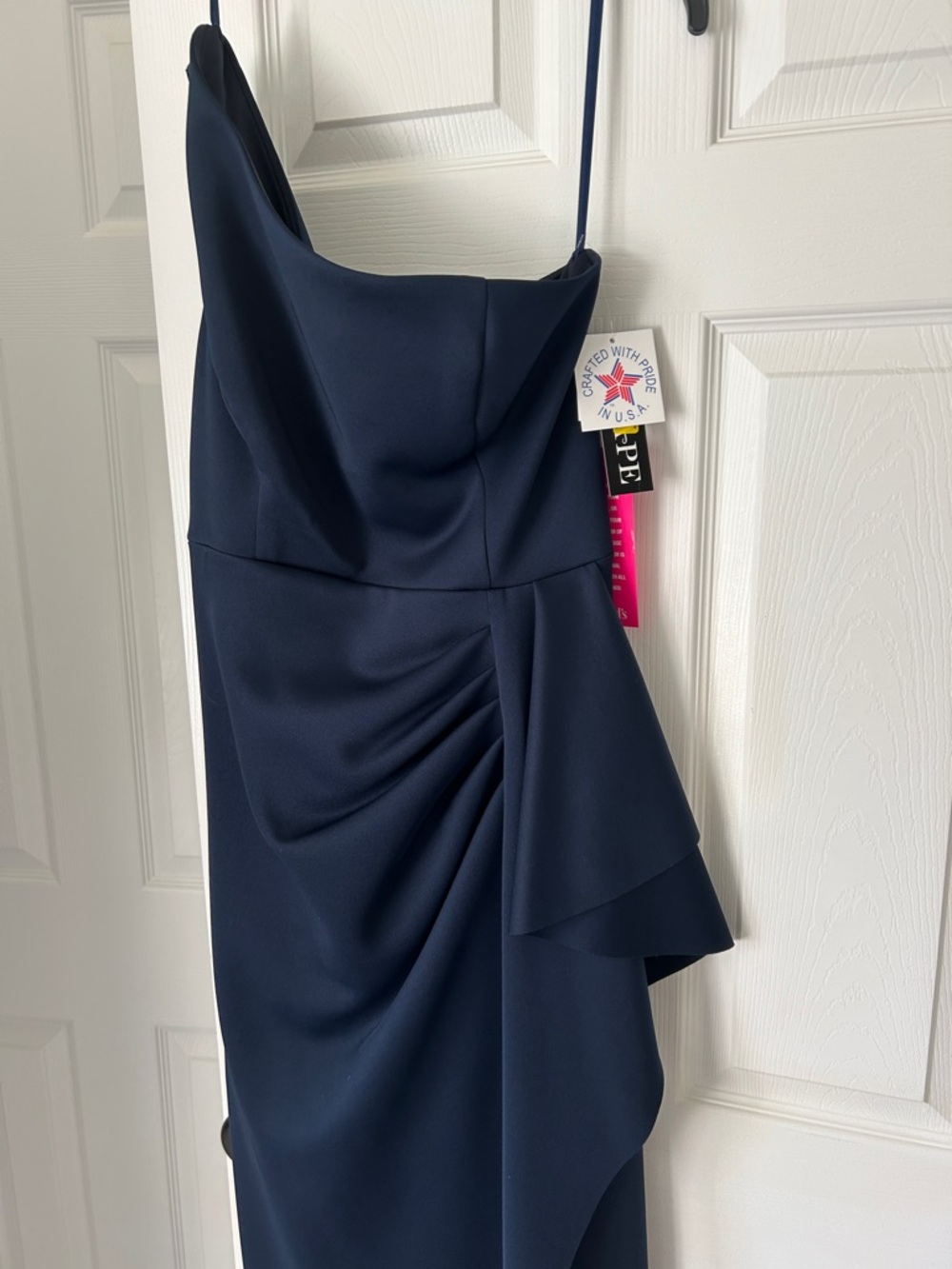 Xscape One-Shoulder Navy Ruffle Column Gown - Picture 7 of 11